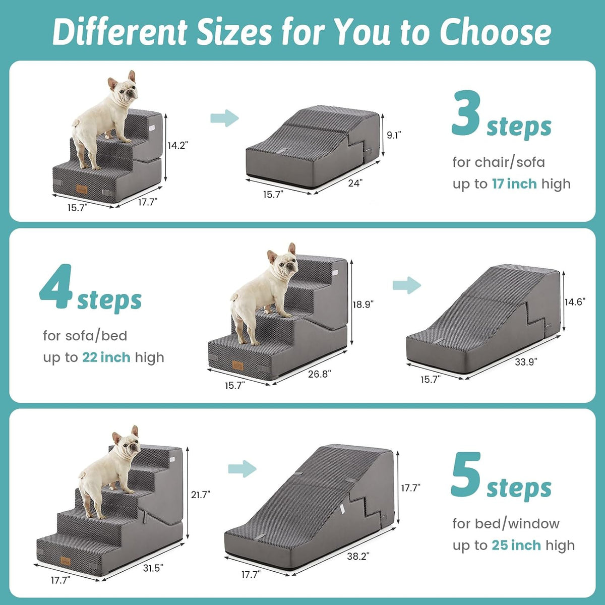 COZY KISS Dog Stairs for Small Dog, 14.2" H, 3 Step for Couch, Gray