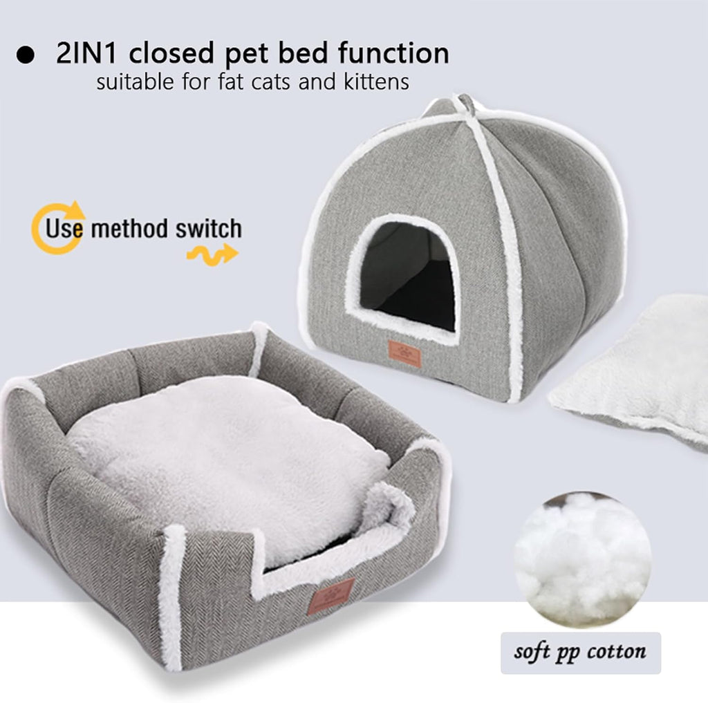 Cat Beds for Indoor Cats-Cat Bed Cave House Tent for Kittens and Small Pets with Washable Cushioned,Soft and Warm Indoor House, Grey, 15 inches