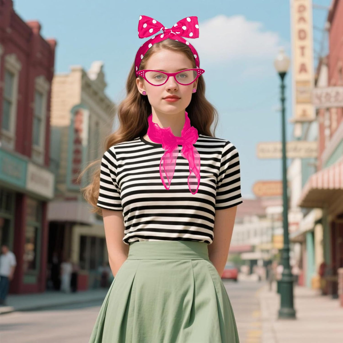 50s Set 50's Costume Accessories Chiffon Scarf Cat Eye Glasses Bandana Tie Headband Earrings for Cosplay Party