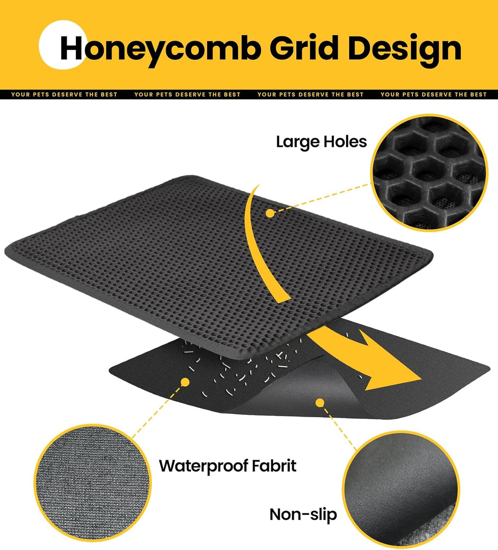 Conlun Cat Litter Trapping Mat for Small Spaces, 23.6"x14.6" Space-Saving Litter Box Floor Mat, Hexagon Grids & Anti-Leak Base, Machine Washable, Non-Slip Kitty Matt for Apartment, Black