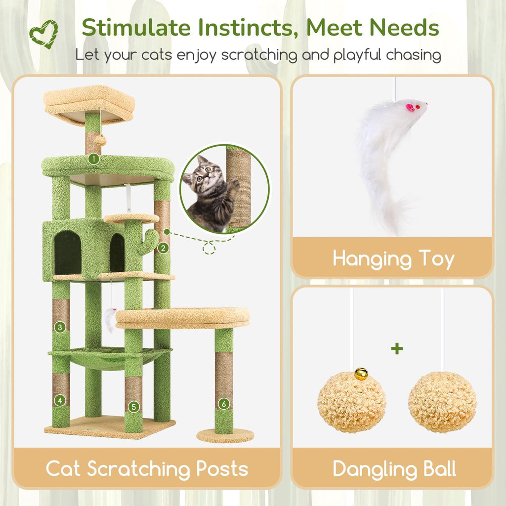 Globlazer 65in Cactus Sturdy Cat Tower for Indoor Large Cats, S65, Green