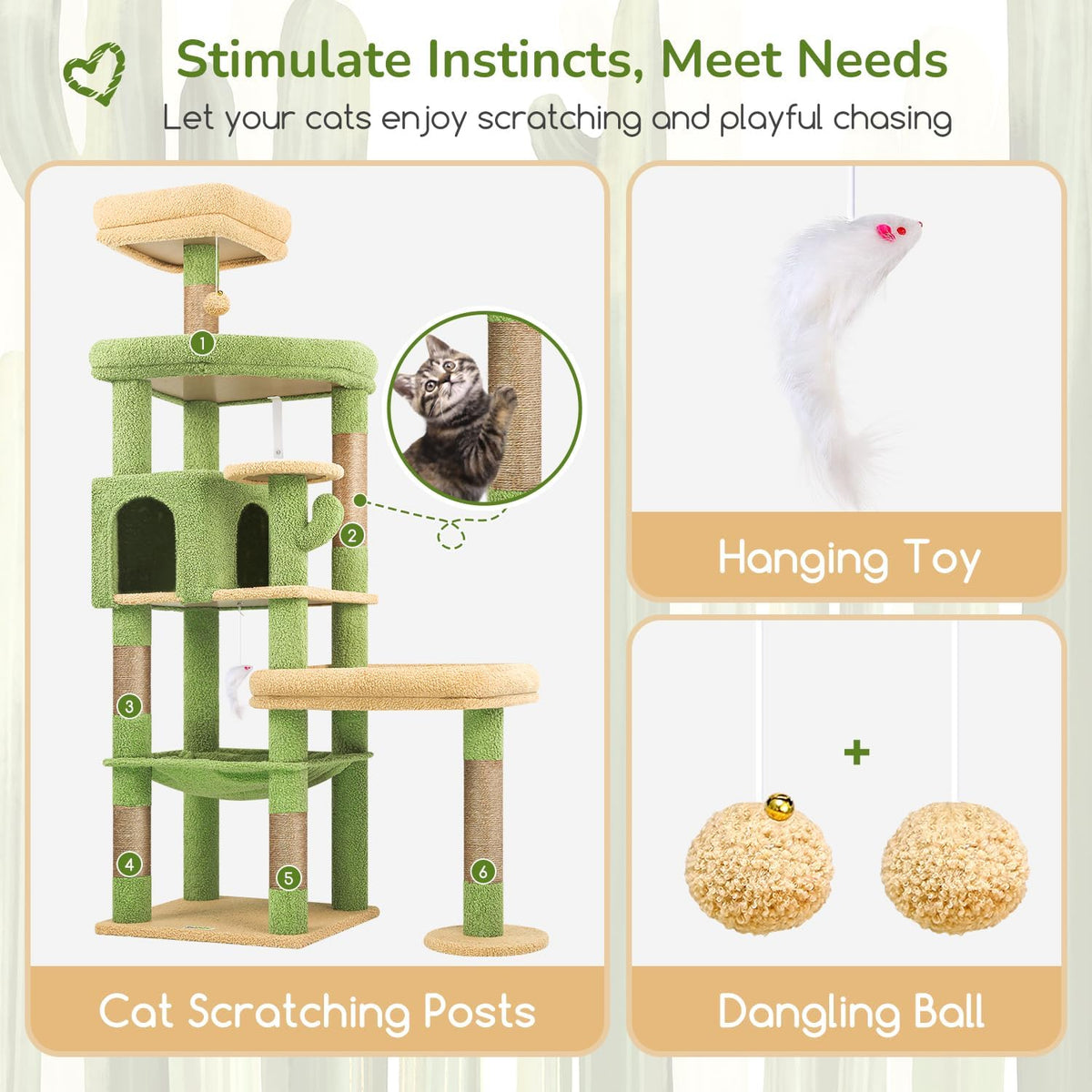 Globlazer 65in Cactus Sturdy Cat Tower for Indoor Large Cats, S65, Green