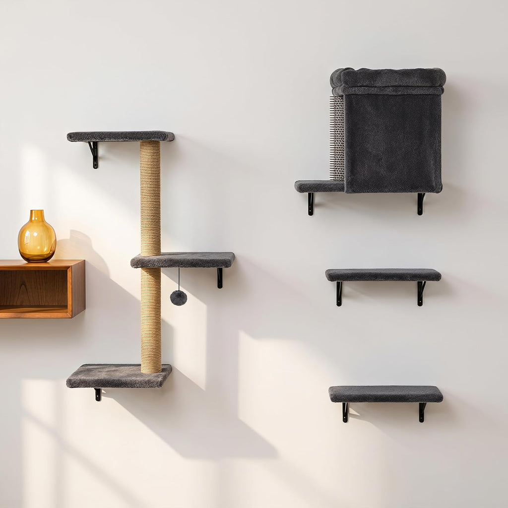 Cat Wall Shelves, 5-Piece Wall-Mounted Cat Tree for Large Cats, Cat Wall Furniture with Condo, Scratching Posts & Climbing Platforms
