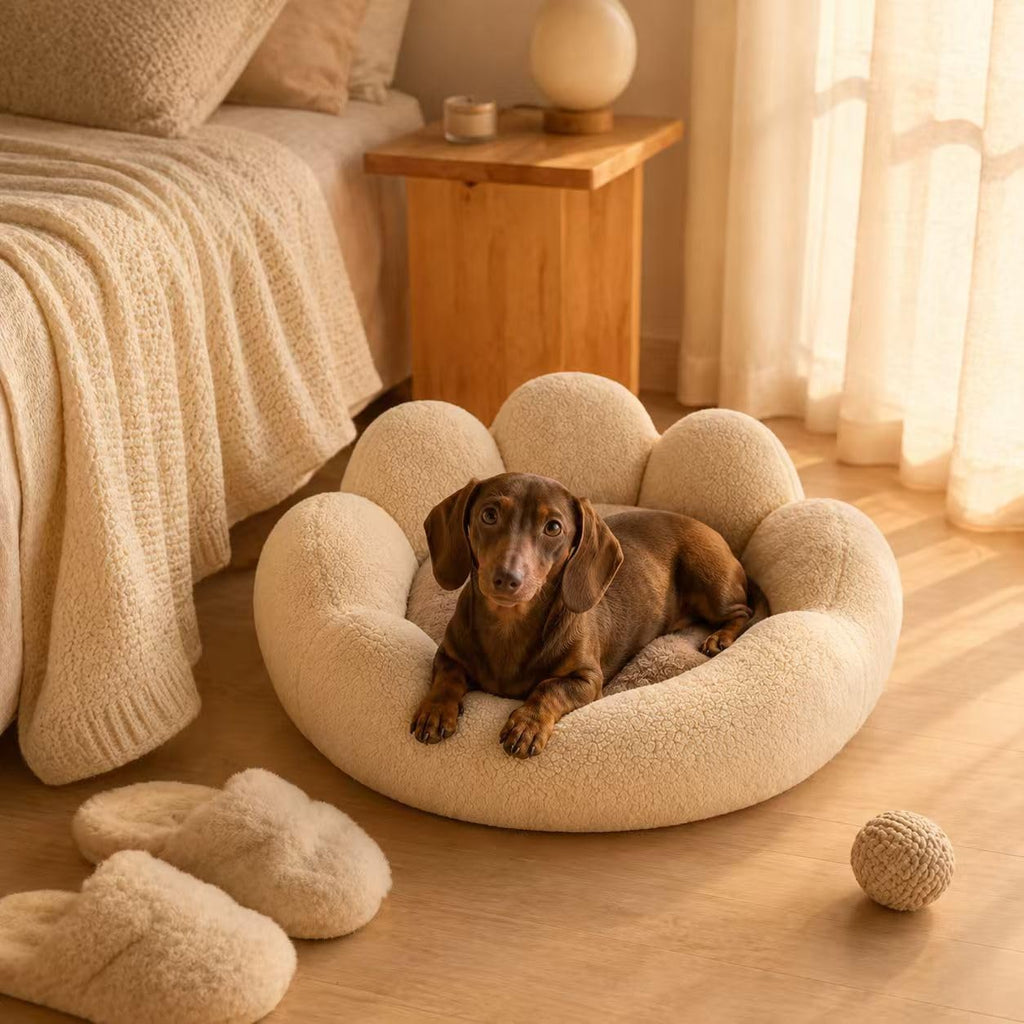 Small Dog Bed, Flower-Shaped Calming Cat Bed, 23 in, Beige
