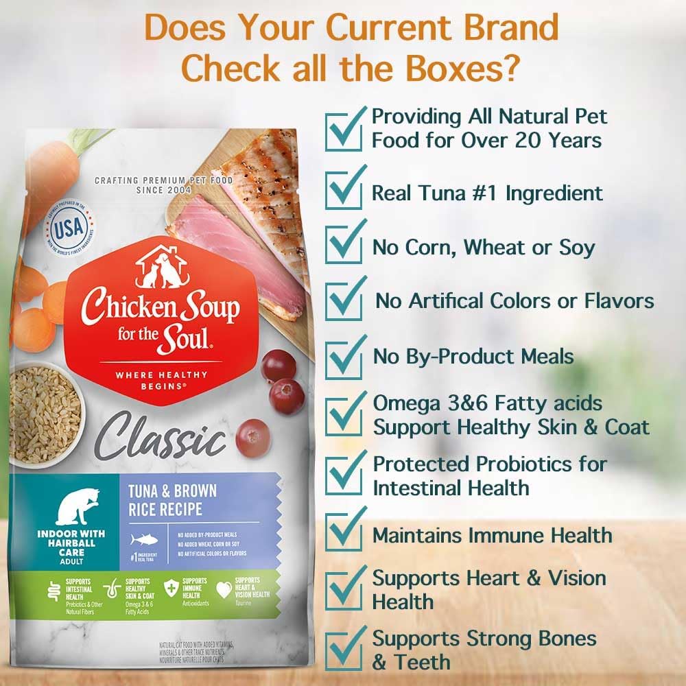 Chicken Soup for Soul Pet Food Indoor Cat - Tuna & Brown Rice, 4.5 LB Bag, All Life Stages, Dry Cat Food with Real Ingredients