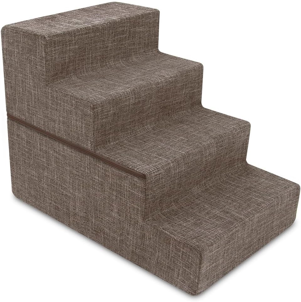 Best Pet Supplies Dog Stairs & Steps - Foam Steps for Small Dogs & Cats, Non-Slip Indoor Balanced Pet Step Support, Dog Ramp, No Assembly, Brown Linen, Foldable 4-Step (22-inch Height)