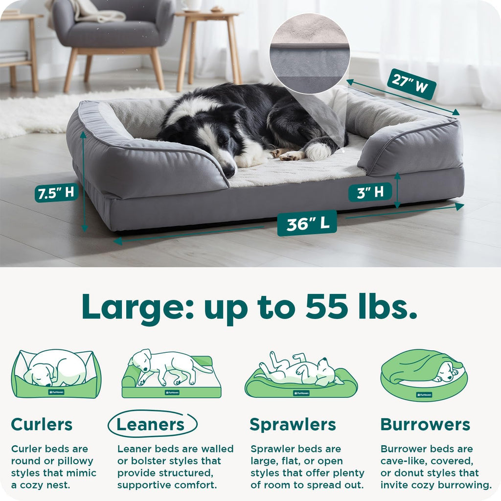 Furhaven Cooling Gel Dog Bed for Large/Medium Dogs w/ Removable Bolsters & Washable Cover, For Dogs Up to 55 lbs - Plush & Velvet Waves Perfect Comfort Sofa - Granite Gray, Large