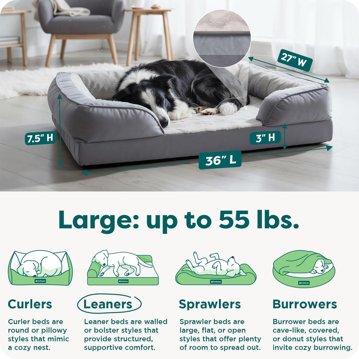 Furhaven Cooling Gel Dog Bed for Large/Medium Dogs w/ Removable Bolsters & Washable Cover, For Dogs Up to 55 lbs - Plush & Velvet Waves Perfect Comfort Sofa - Granite Gray, Large