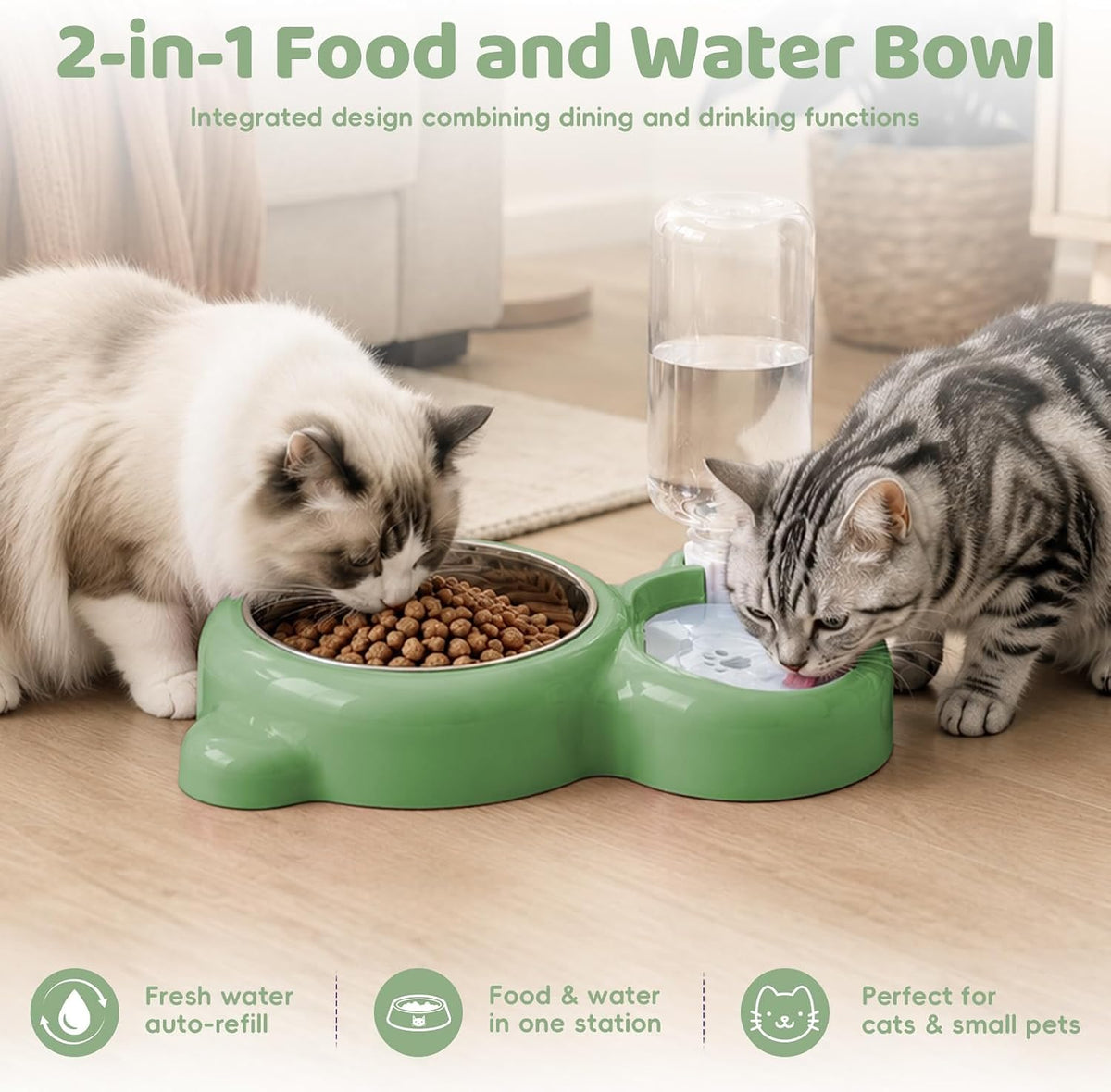 2-in-1 Dog Cat Bowl, Cat Food and Water Bowl Set, Green
