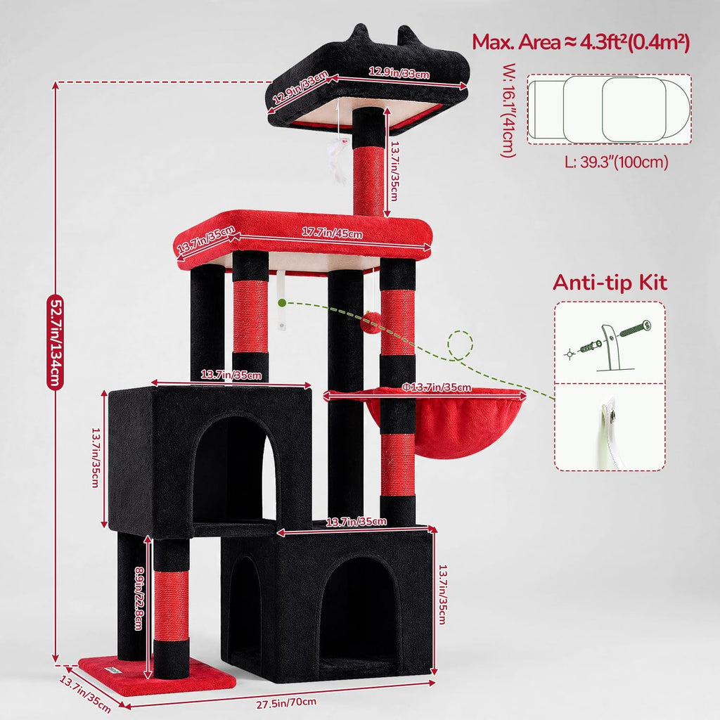 Globlazer 52in Gothic Cat Tree for Indoor Cats, 2 Condos, S52, Black Red