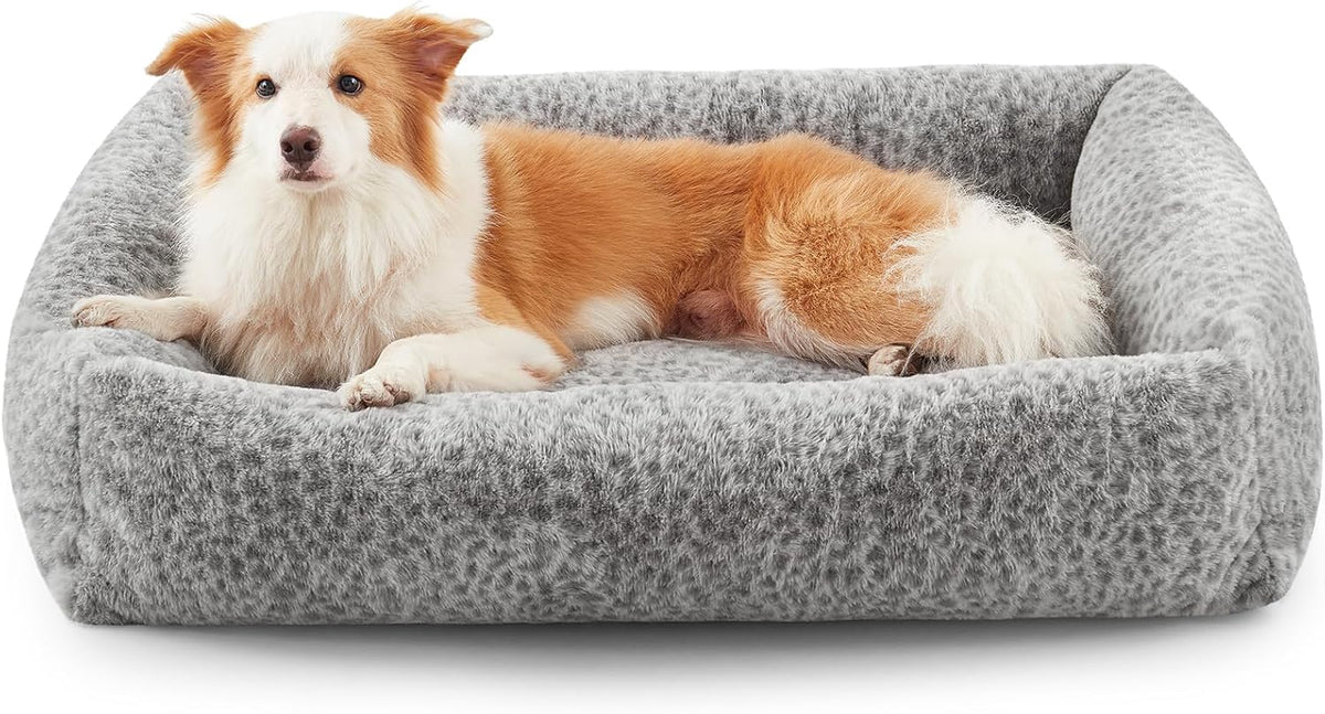 JOEJOY Dog Bed Medium Size Dog, Removable Washable Cover Orthopedic Soft Pet Bed, Anti-Slip Fluffy Plush Faux Rabbit Fur Puppy Bed, 30"x24"x8", Leopard Print, Grey