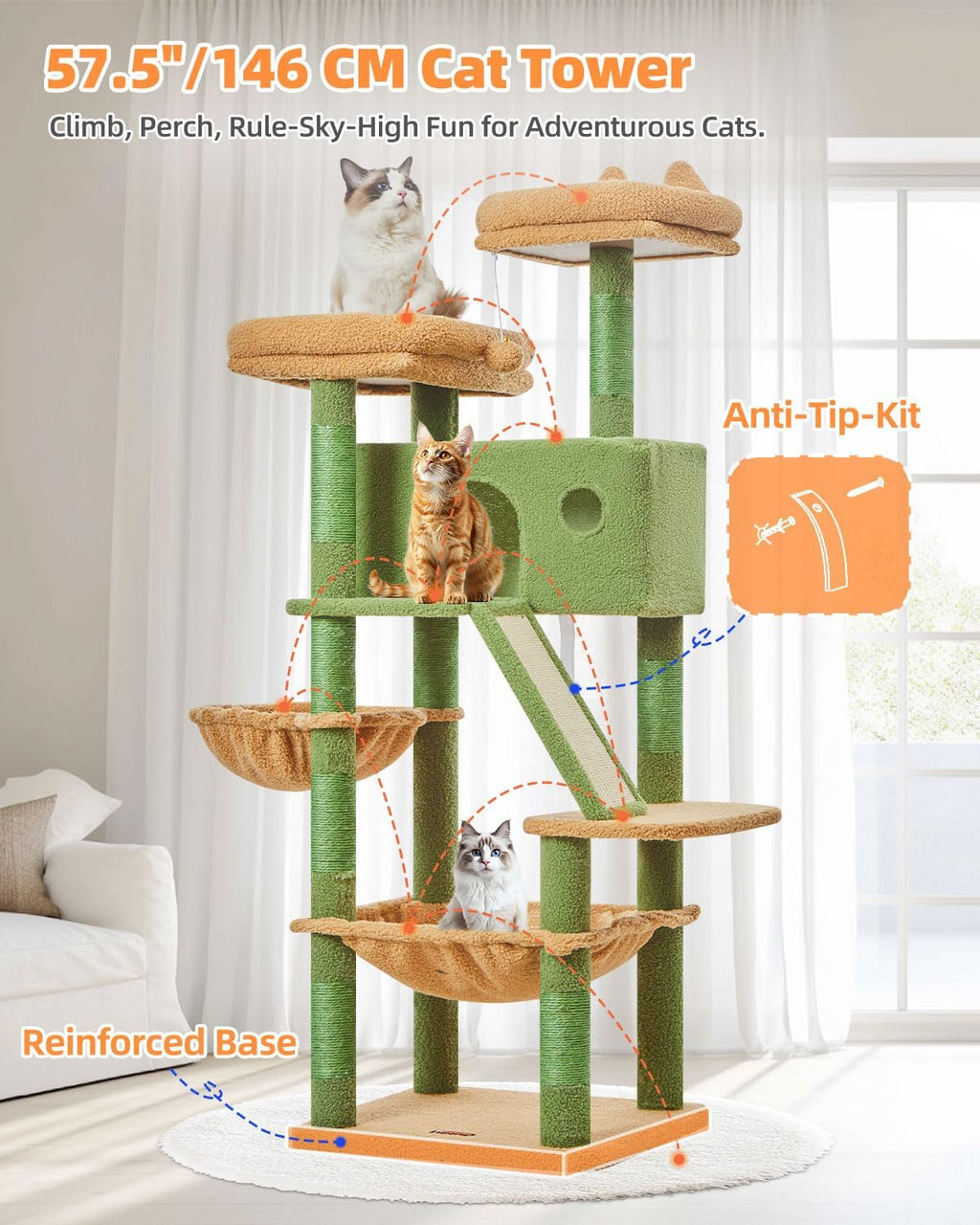 Taoqimiao Cactus Cat Tree, 58In Cat Tower for Indoor Cats Large Adult