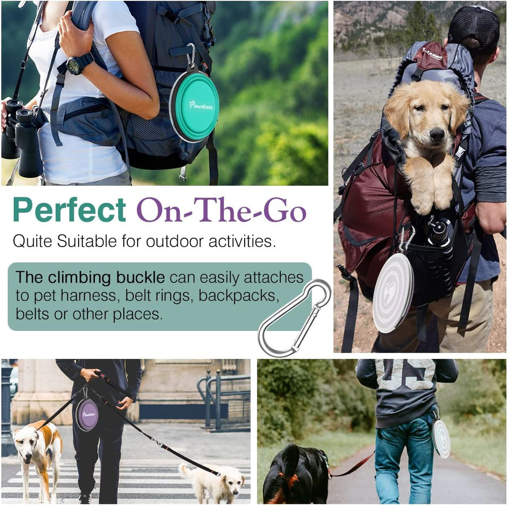 Pawaboo Collapsible Travel Dog Bowls 2 Pack with Lids&Carabiners Silicone | Feeding Watering Bowls for Dogs Cats, Collapsable Water Feeder Food Bowl for Walking Traveling Home Use, VioletTurquoise 