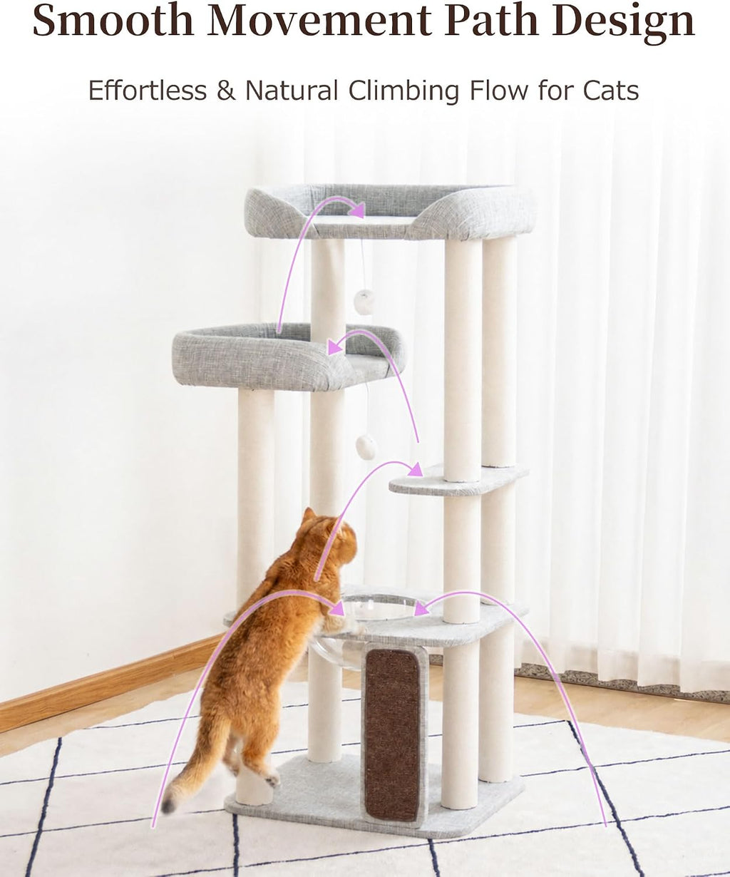 53" Cat Tree Tower for Large Cats, Large Perch & Sisal Board