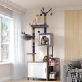 HavenlyYouth Cat Tree with Food Station and Litter Box Enclosure, Multi-Level Cat Tree Tower with Sisal Scratch Posts for Playtime, Plush Hammock in Gray for Cozy