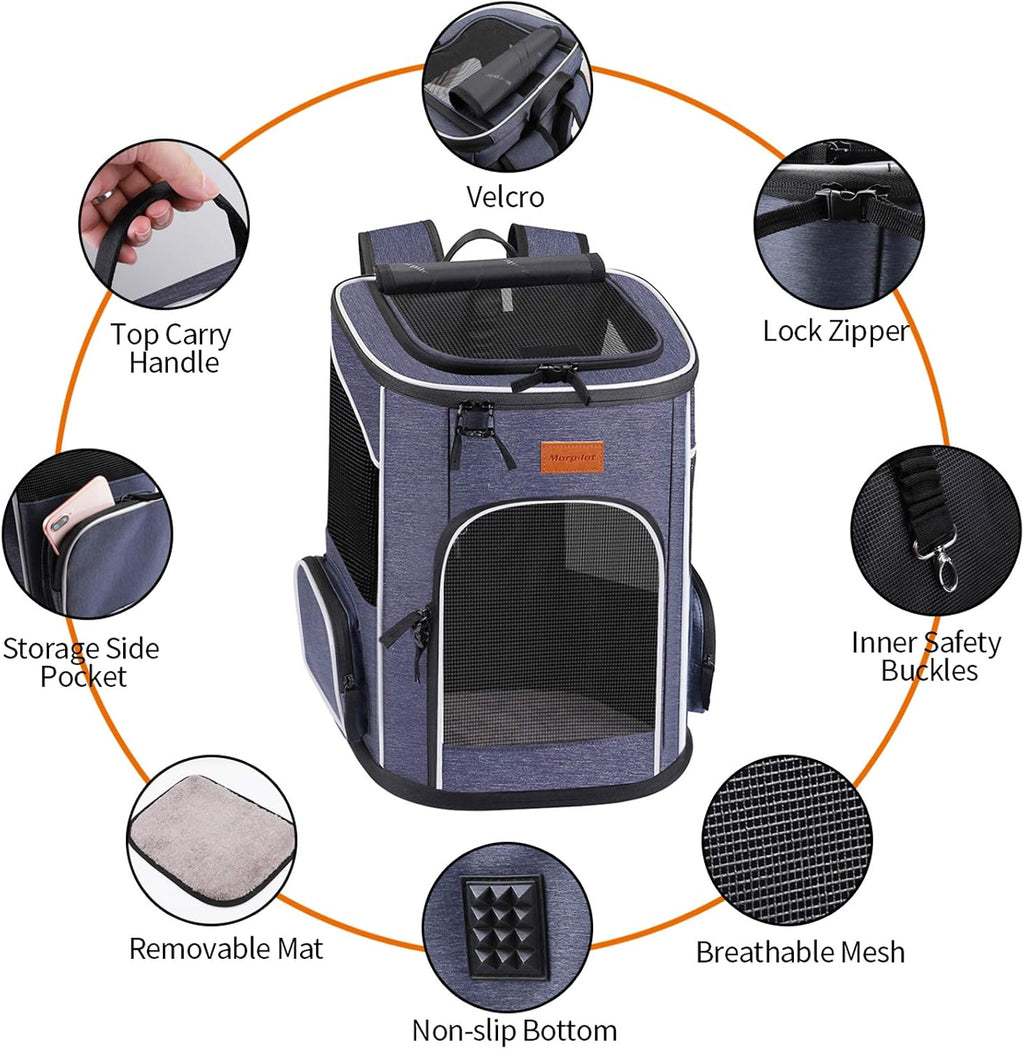 Morpilot Expandable Cat Carrier Backpack for Small Dogs & Cats Up to 25lbs, Breathable Mesh Pet Travel Backpack with Safety Leash, Foldable Airline Approved Carrier for Hiking Camping Outdoor, Blue