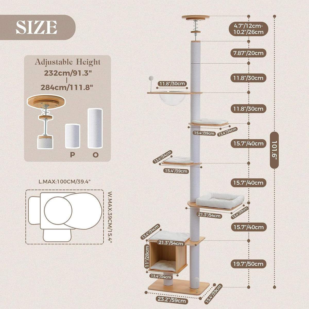 PAWZ Road Floor to Ceiling Tall Cat Tree, 7.6-9.4ft Modern Wood Cat Tower
