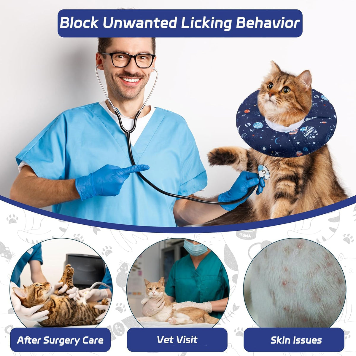 Seyezo Cat Cone Collar Soft, Adjustable Cat Recovery Cone, Planet, L