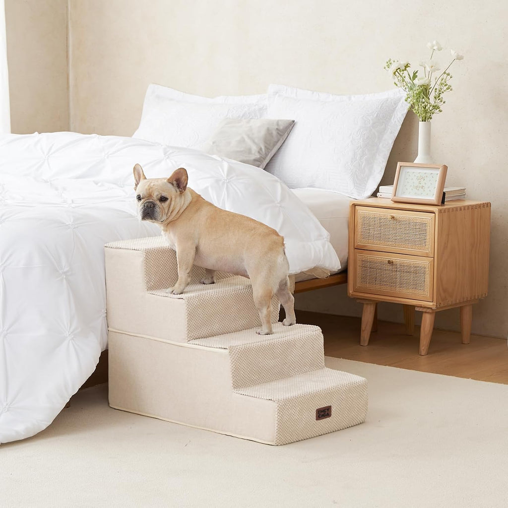 EHEYCIGA Dog Stairs for Bed 18" H, 4-Step Extra Wide Dog Steps, Beige