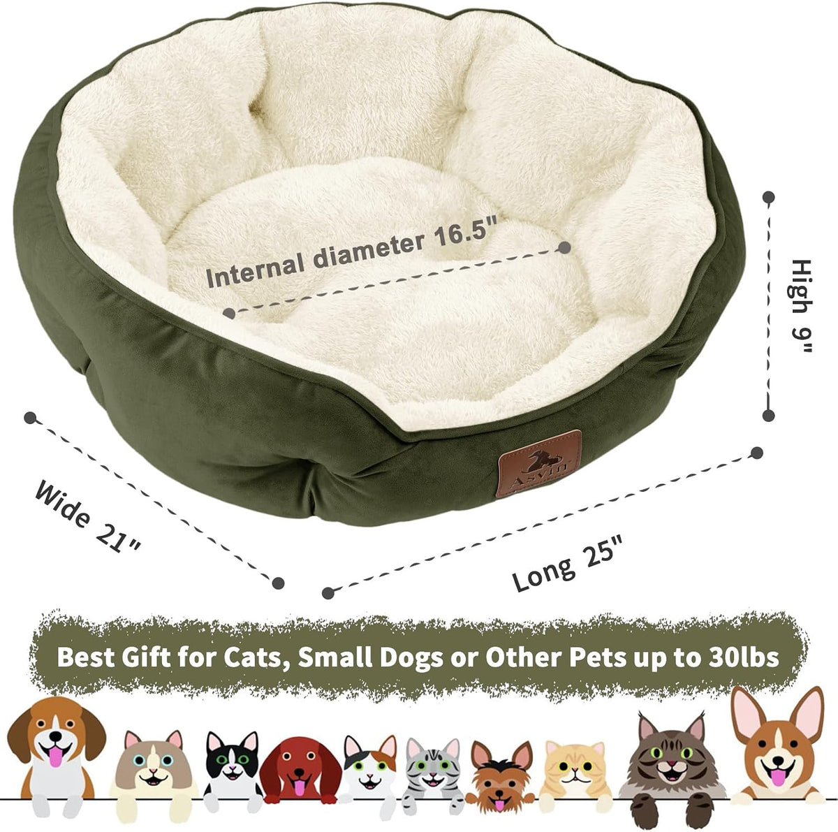 Asvin Medium Dog Bed for Medium Dogs, Cat Beds for Indoor Cats, Pet Bed for Puppy and Kitty, Extra Soft & Machine Washable with Anti-Slip & Water-Resistant Oxford Bottom, Green, 25 inches