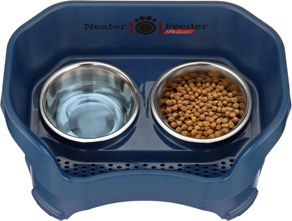 Neater Pet Brands Neater Feeder Deluxe Mess Proof Dog Bowls Elevated for Medium Dogs 19-40 lbs, Made in USA, No Spill Raised Dog Food Bowl Stand Feeding Station, Food and Water Bowl Set, Dark Blue 