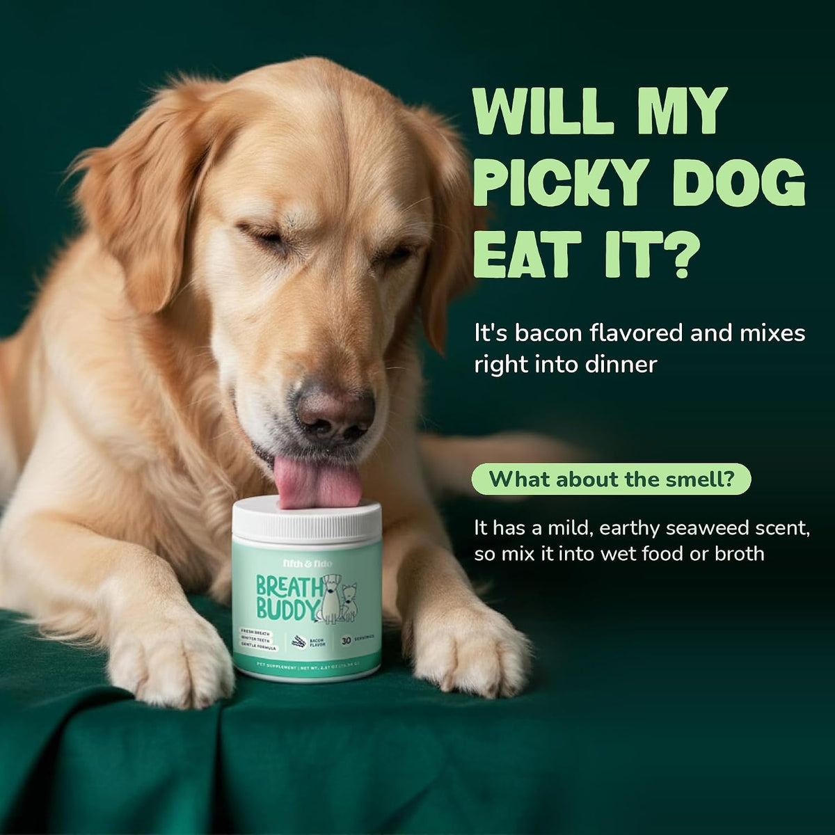 Breath Buddy Dog Breath Freshener Powder by Fifth & Fido, Bacon Food Topper