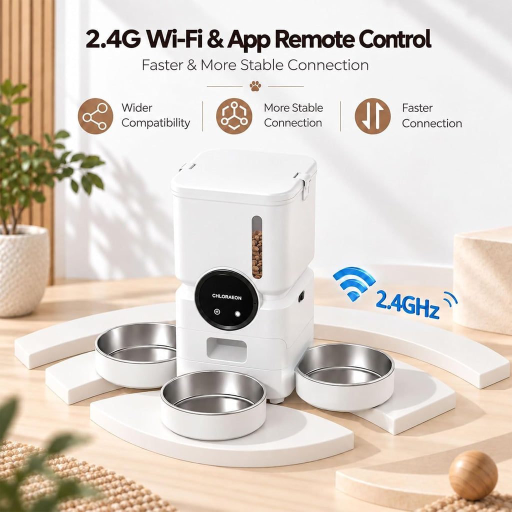 Automatic Cat Feeder for 3 Cats, 2.4GHz WiFi Slow Feed Dispenser,White