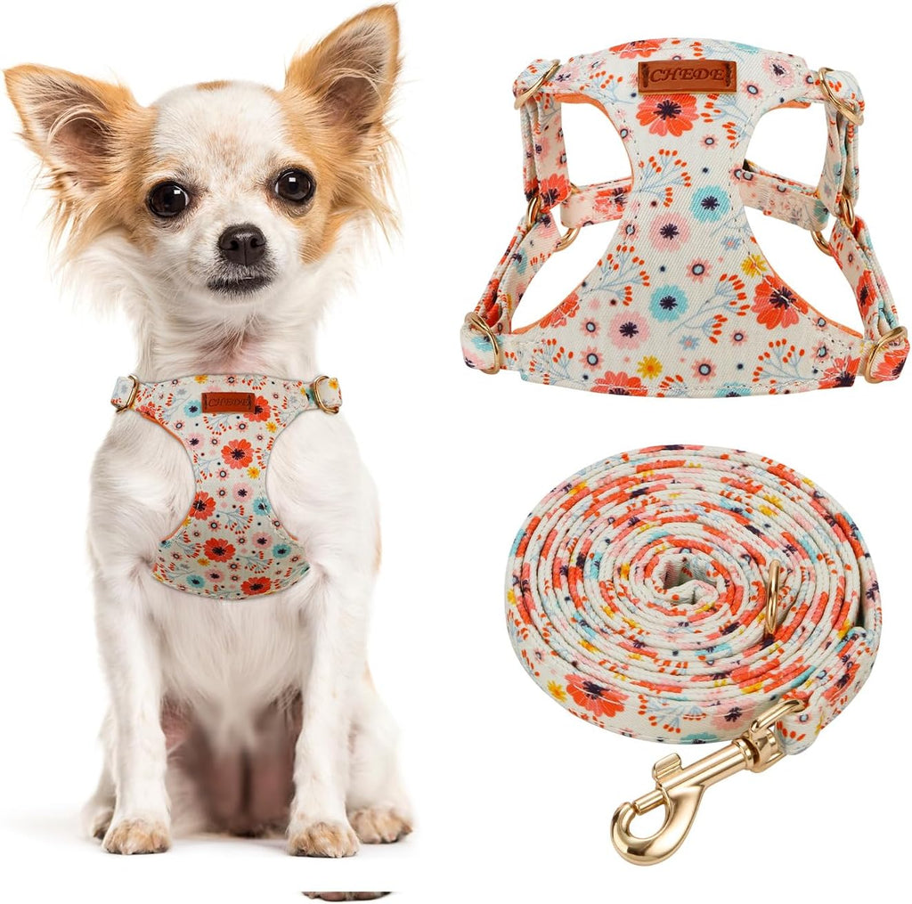 CHEDE No Pull Floral Pattern Dog Harness- Lightweight and Soft Dog Harness, Adjustable Small Dog Harness and Leash Set, with Dog Leash, Suitable for Puppy Small and Medium-Sized Dog