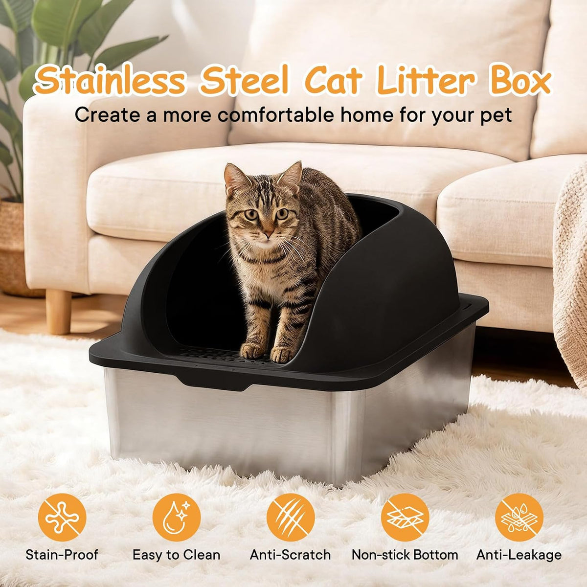 Stainless Steel Cat Litter Box, Large Metal Litter Boxes High Sides