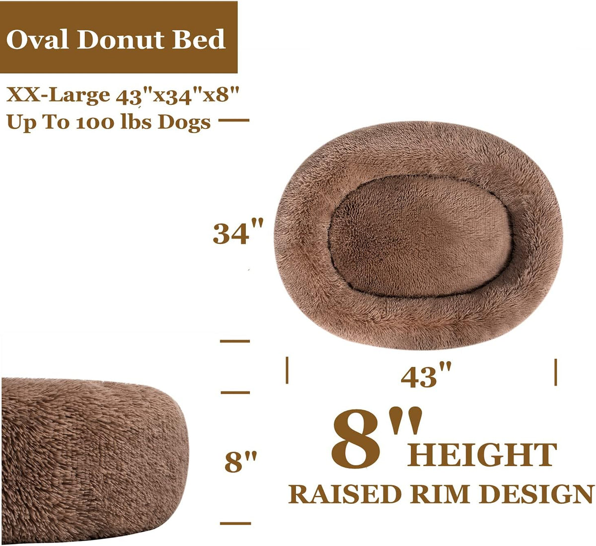 Coohom Oval Calming Donut Cuddler Dog Bed,Shag Faux Fur Cat Bed Washable Round Pillow Pet Bed(30"/36"/43") for Small Medium Dogs (XXL(43"x34"x8"), Camel)
