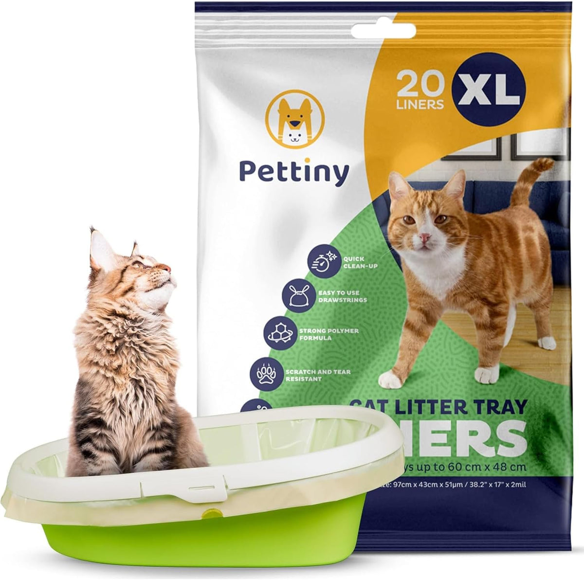 Pettiny 20 XL Cat Litter Box Liners with Drawstrings - Scratch Resistant Cat Litter Bags for an Extra Large Litter Pan