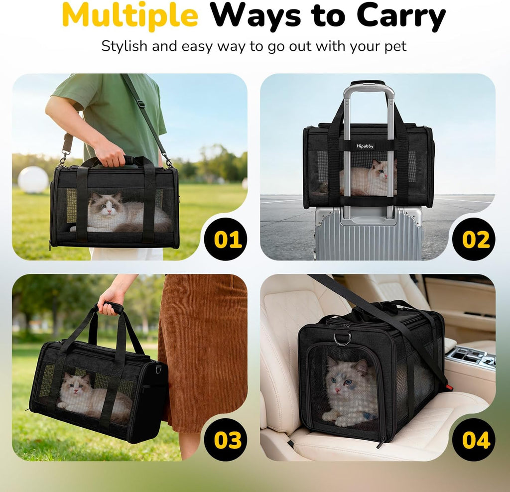 Hipubby Large Cat Carriers Dog Carrier Pet Carrier for Cats Dogs Puppies up to 25Lbs, Big Dog Carrier Soft Sided, Airline Approved Pet Carrying Case with Shoulder Strap & Removable Mat - Black
