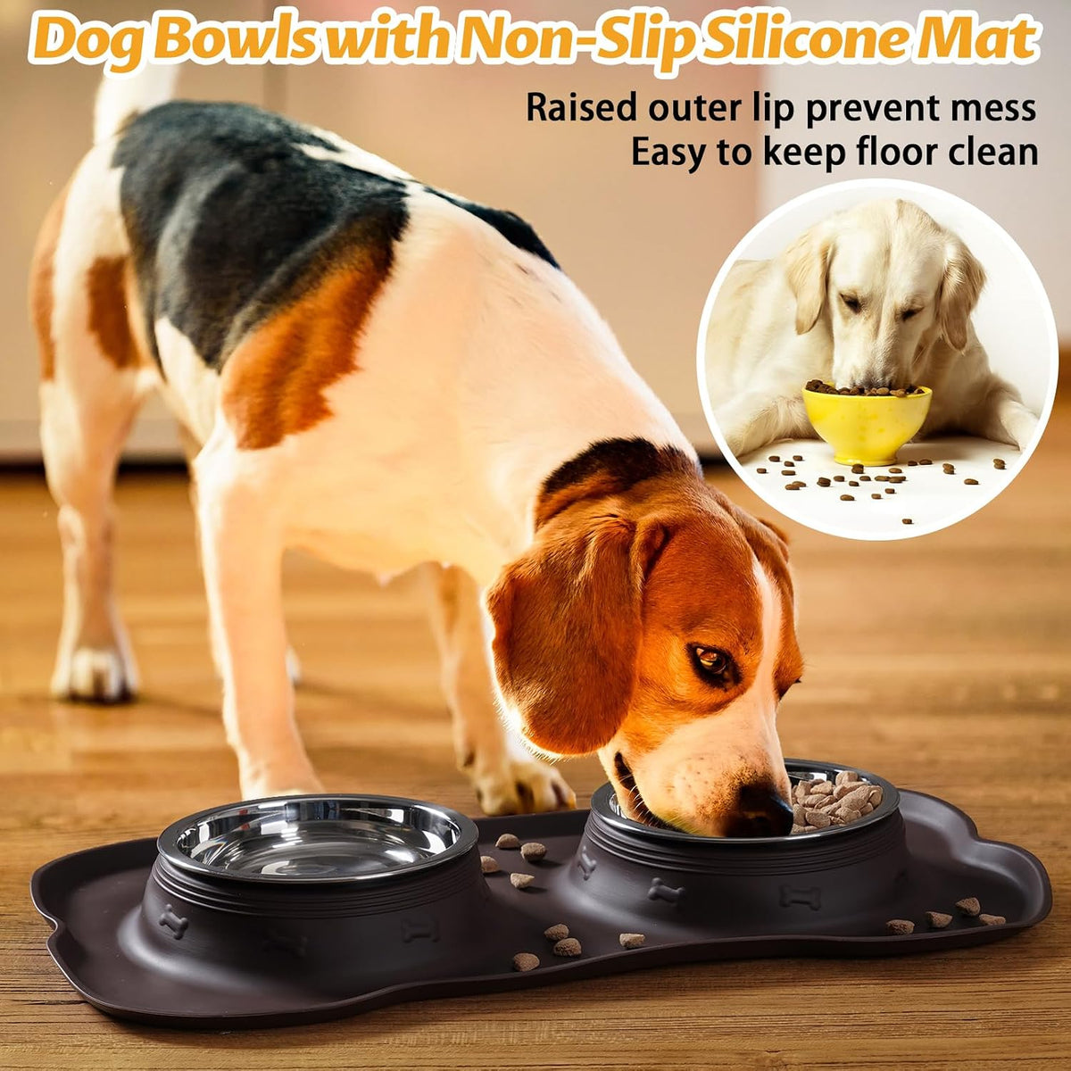 Hubulk Pet Dog Bowls 2 Stainless Steel Dog Bowl with No Spill Non-Skid Silicone Mat + Pet Food Scoop Water and Food Feeder Bowls for Feeding Small Medium Large Dogs Cats Puppies (Large, Chocolate) 