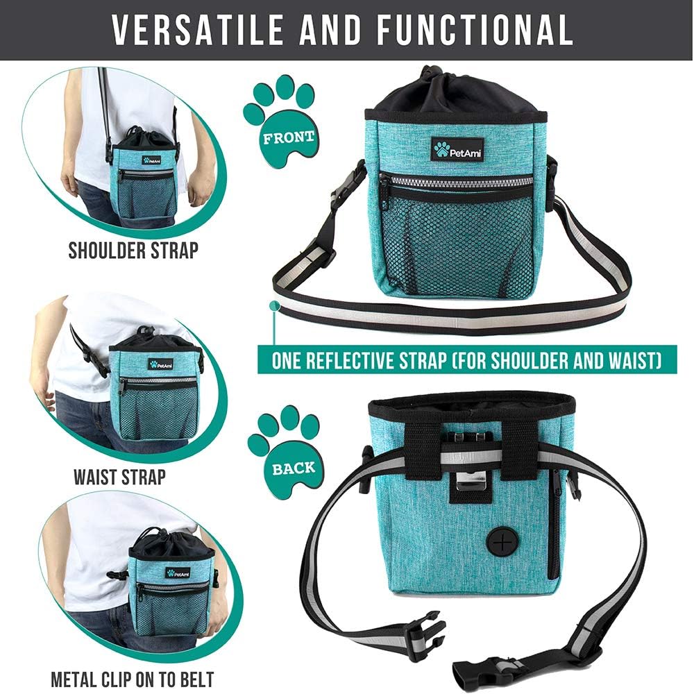 PetAmi Hands Free Dog Treat Pouch for Training and Walking, Teal Sea Blue