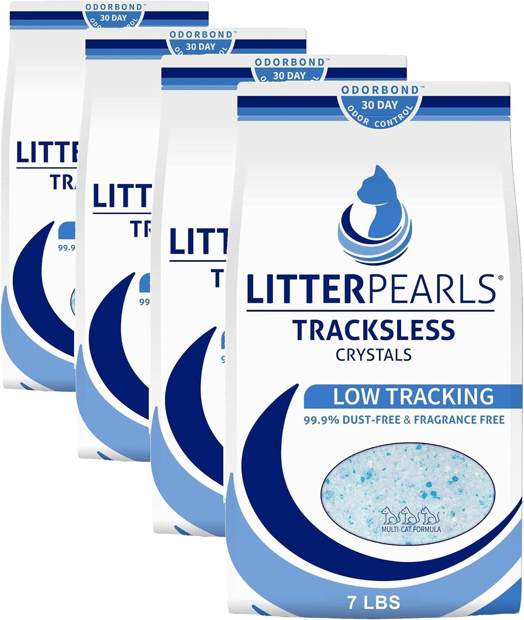 Litter Pearls Tracksless Unscented Non-Clumping Crystal Cat Litter with Odorbond, White, Clear and Blue Crystals, 7 Pound (Pack of 4)