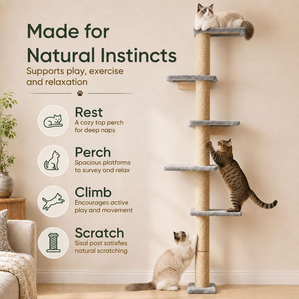 80-Inch Wall-Mounted Cat Tree with Scratching Post & 5 Perches