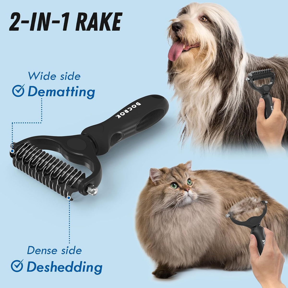 Docrok Pet Grooming Combo: Undercoat Rake, Dematting Deshedding Brush for Long-Haired Dogs and Cats, Black | Dematting Deshedding Undercoat Rake, Cat Brush Dog Brush Shedding Tool for Long Matted Haired Pets