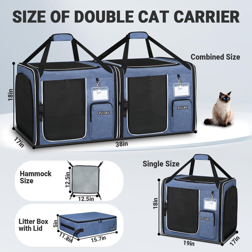 Petskd 2 in 1 Double Cat Car Travel Carrier with Litter Box, Blue