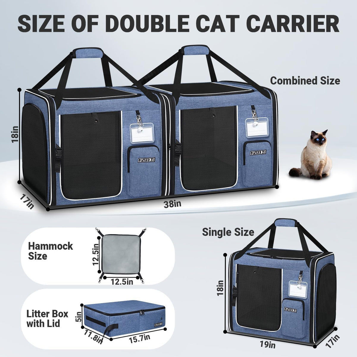 Petskd 2 in 1 Double Cat Car Travel Carrier with Litter Box, Blue