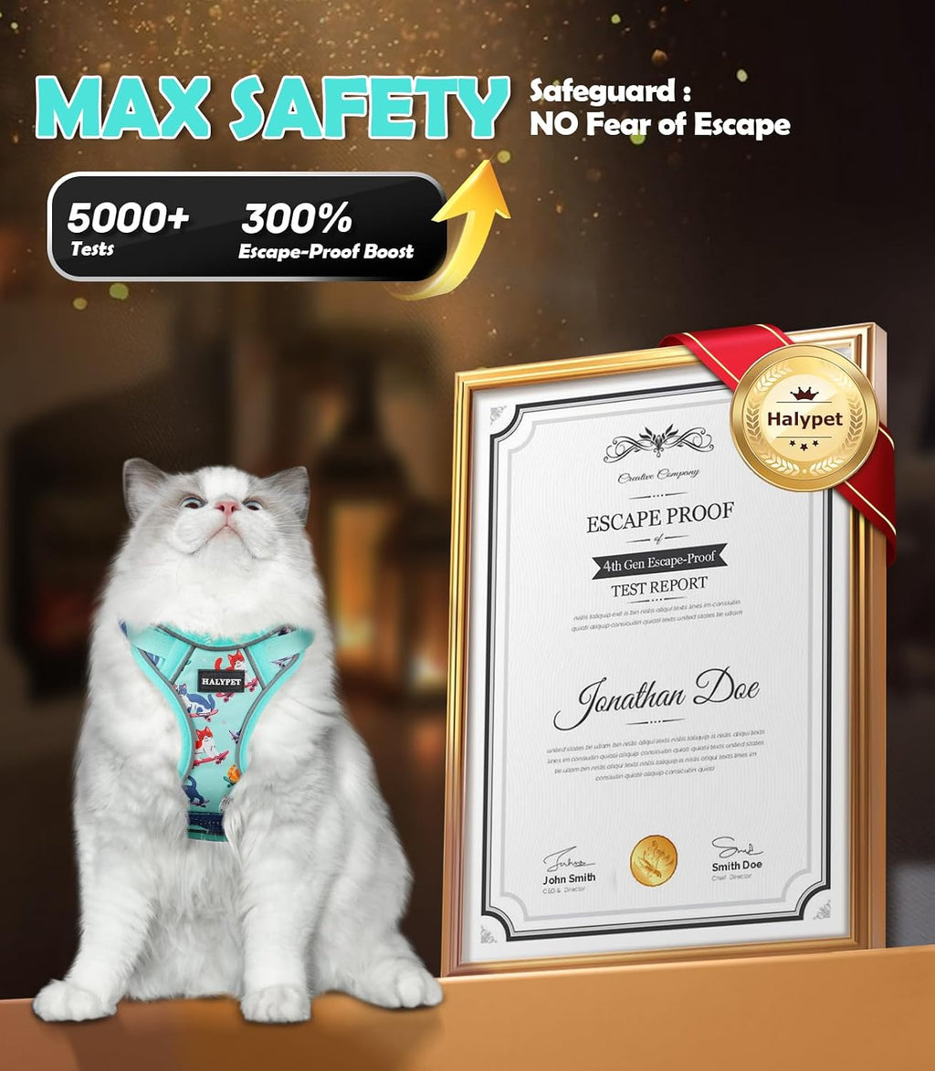 Halypet Cat Harness and Leash Set[MAX Safety 4th-Gen] Cute Escape Proof Vest Harness for Girl&Boy Cat Walking, Comfortable Adjustable Leash and Reflective Strips for Outdoor Kitten, S Purrfect Green