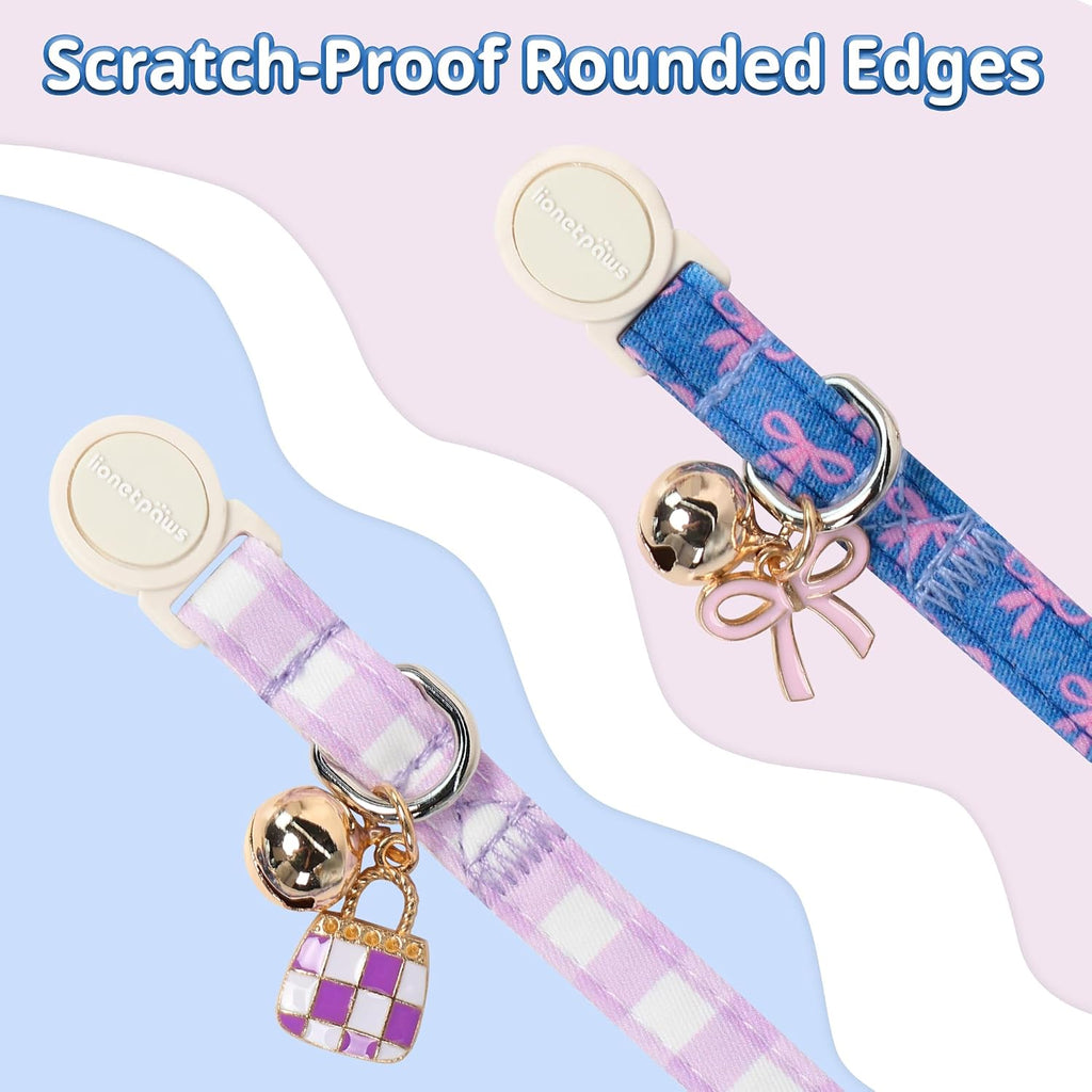 LIONET PAWS 2 Pack Breakaway Cat Collars, Cute Soft Cotton Purple White Plaid & Blue Bow Kitten Collars with Bell for Boy Girl Cats