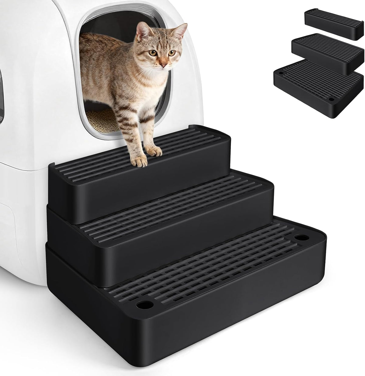 Extra Large 3 Steps Litter Box Ramp, Adjustable Cat Litter Box Step with Filter Function, Easy to Clean Cat Litter Stair Catcher for Elderly Cats and Kitten (Black)