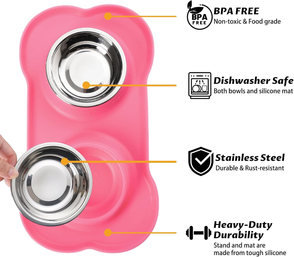 Hubulk Pet Dog Bowls 2 Stainless Steel Dog Bowl with No Spill Non-Skid Silicone Mat + Pet Food Scoop Water and Food Feeder Bowls for Feeding Small Medium Large Dogs Cats Puppies (Large, Pink) 