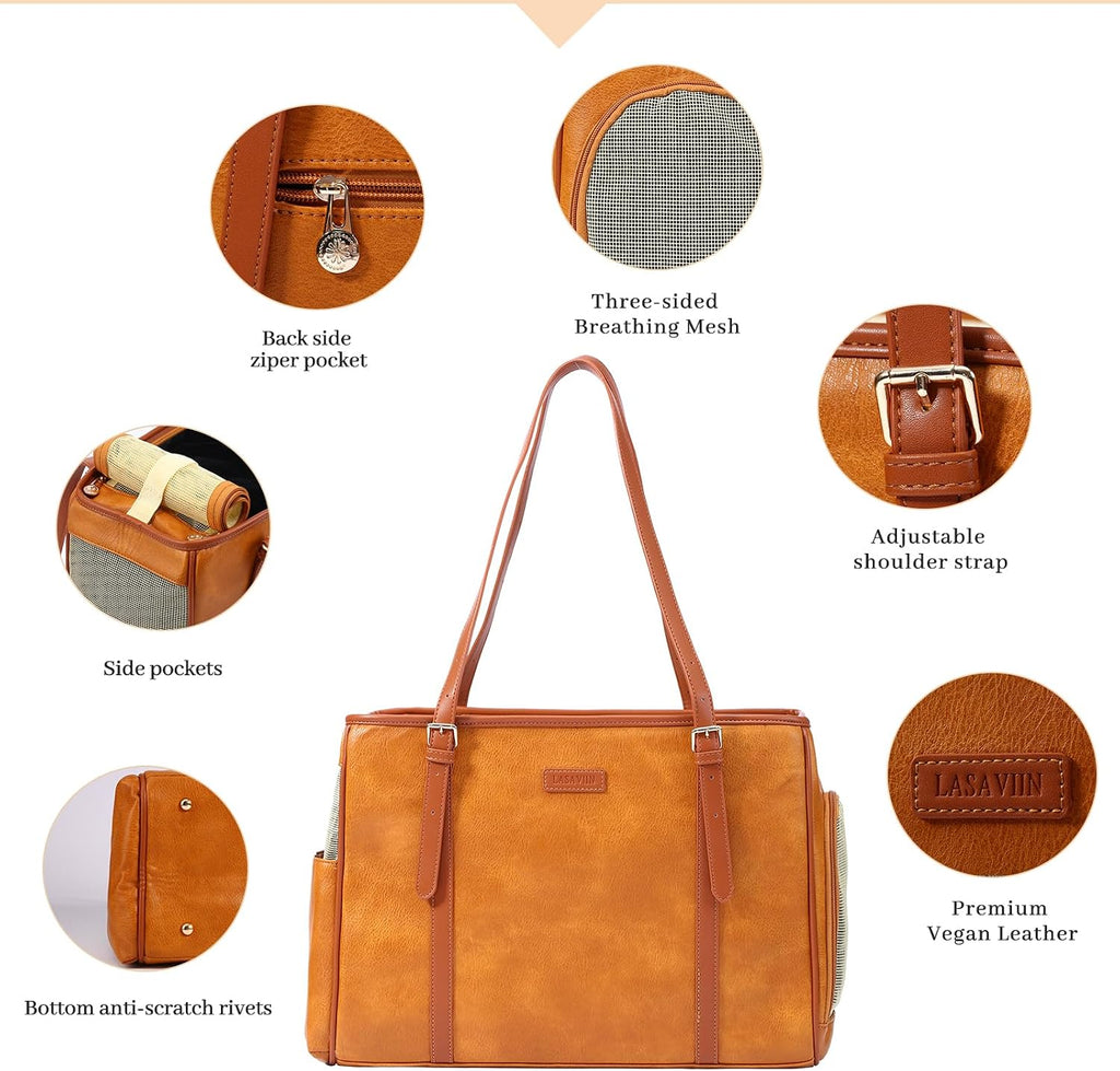 Lasaviin Fashion Dog Purse Pet Carrier Leather Bag for Small Dogs Cats Puppy, Portable Tote Bag Airline Approved Soft-Sided Carriers (Brown)
