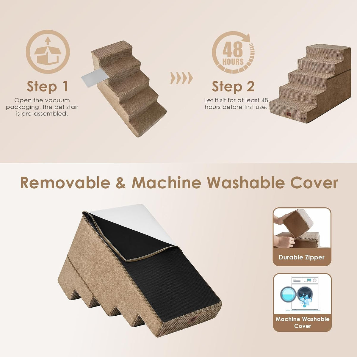 EHEYCIGA Dog Stairs for High Bed 25" H, Extra Wide Dog 5-Step, Camel