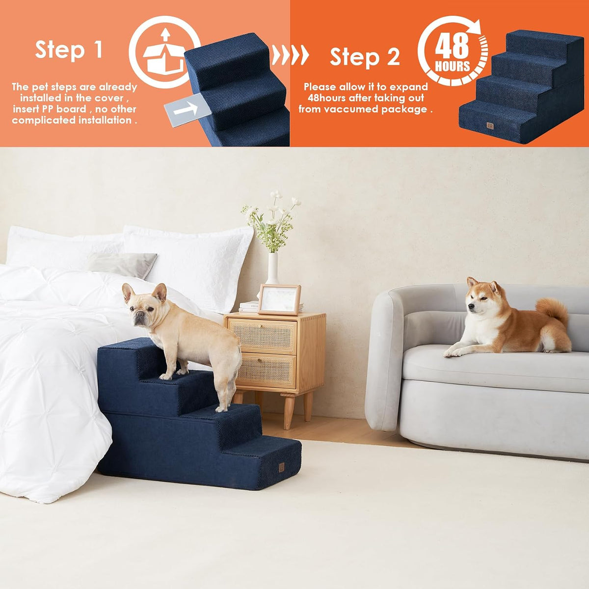 EHEYCIGA Dog Stairs for Bed 20" H, 4-Step Extra Wide Dog Steps, Navy