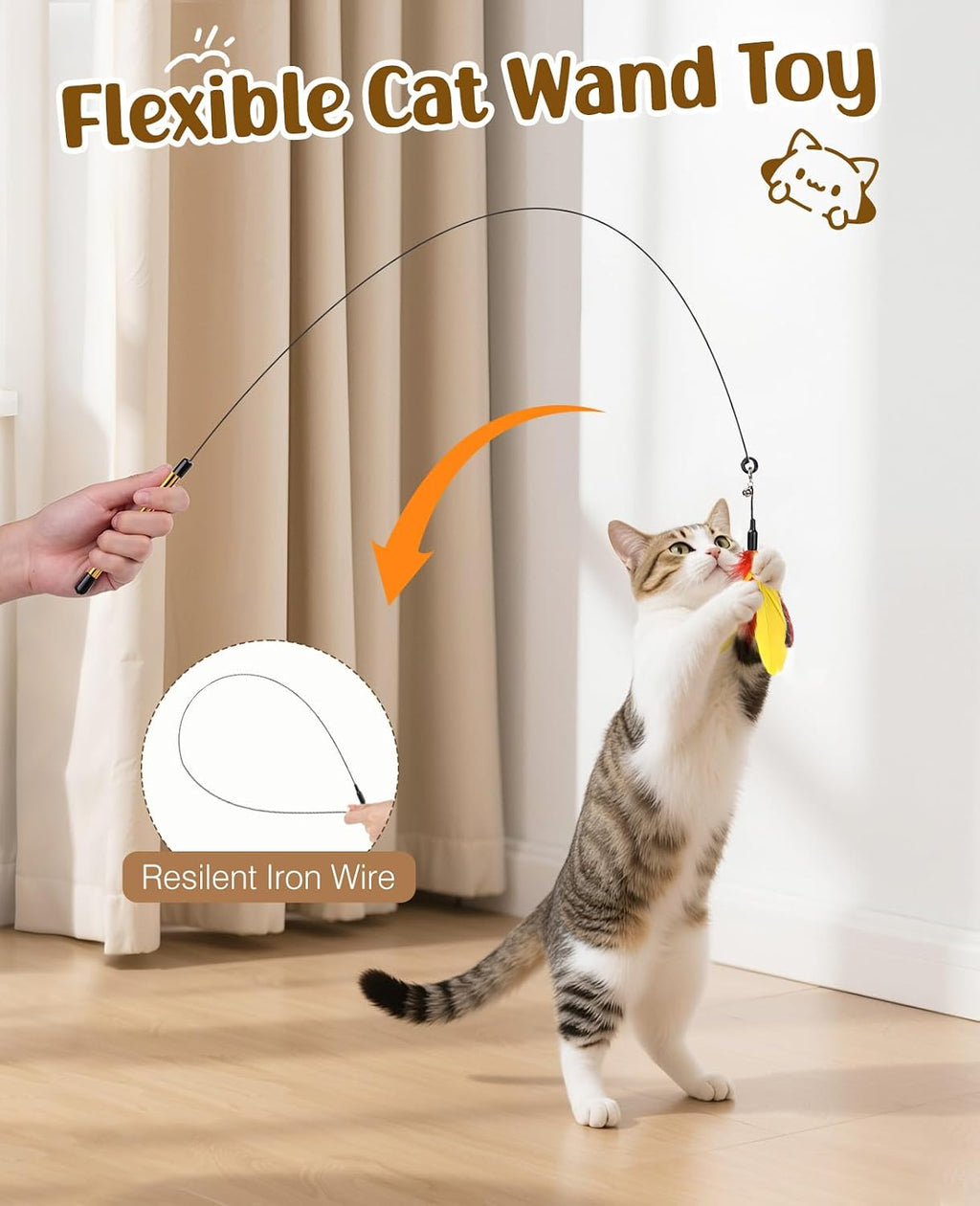 Pawaboo Cat Feather Wand Interactive Toy, 2 Feathers + 1 Wand with Bell | Cat Feather Teaser Toys Flying Catcher Extra Long 34.5" Wand Exerciser Playing Chase Cat Toy Wands for Kitten, Yellow& Red