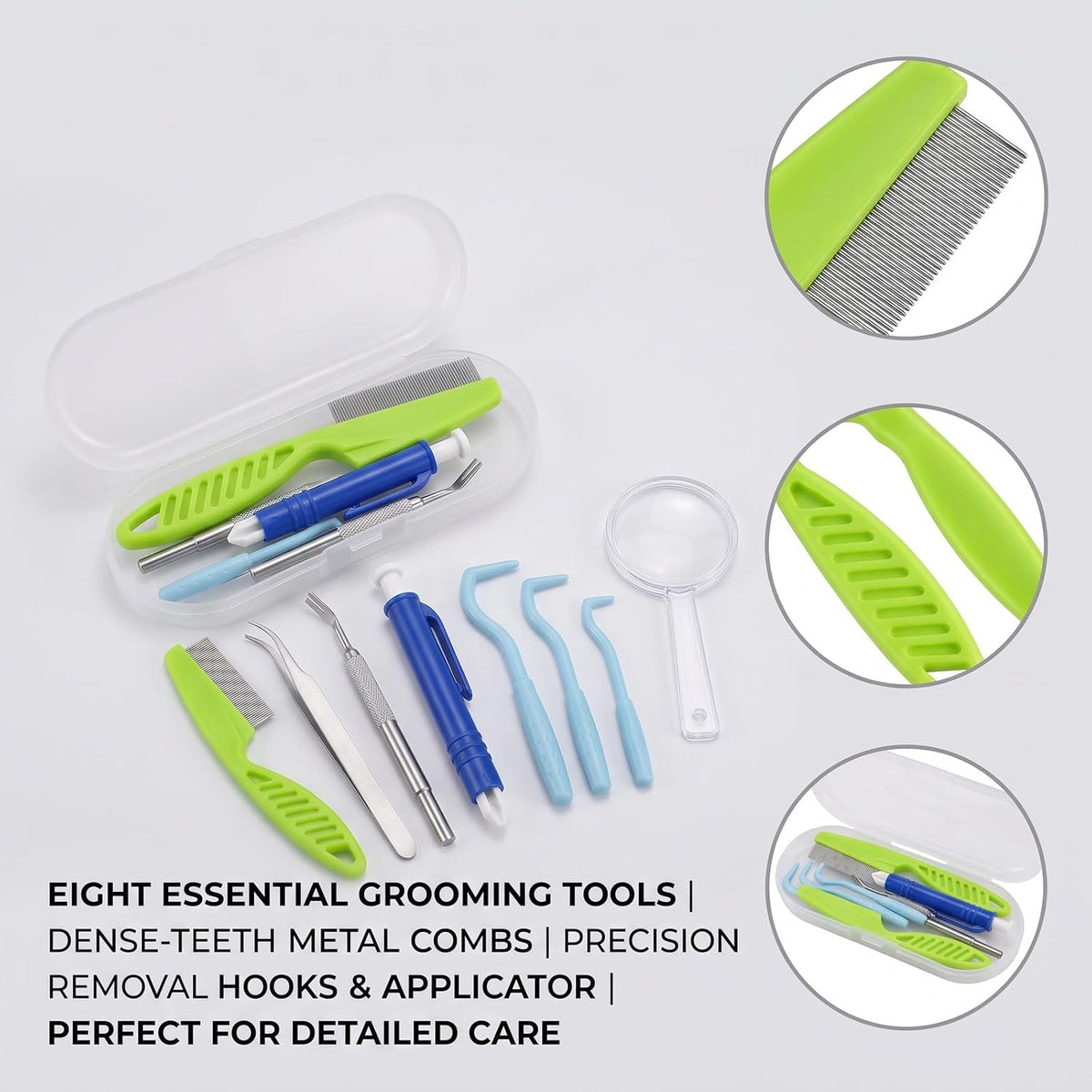 8 Pieces Green Stainless Steel Tick Removal Kit,Flea Comb, Tick Tweezers,Dog Grooming Kit,Painless Physical Parasite Removal Tools for Dogs Cats Indoor Outdoor Hiking Camping Daily Pet Care