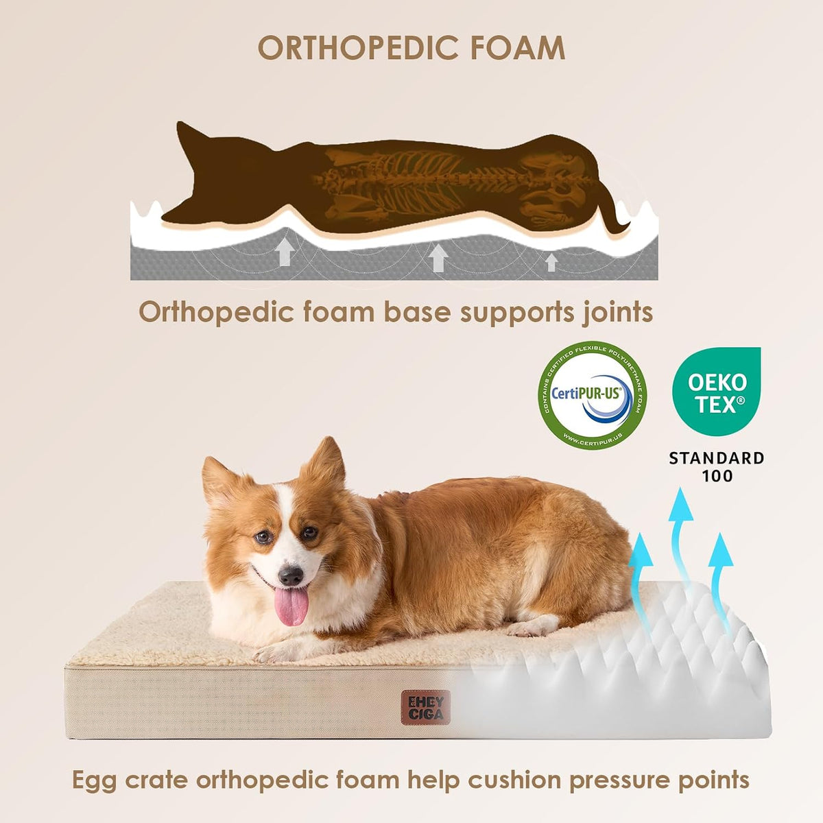EHEYCIGA Orthopedic Dog Bed Large with Removable Washable Cover, 36IN Khaki