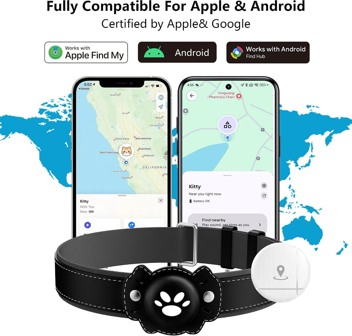GPS Tracker for Cats, Cat GPS Tracker, Pet Location Tracker with Collar, Real-Time Tracking, No Monthly Fee or Subscription, Waterproof, 365-Day Long Battery Life Cat Collar, iOS & Android (Black)